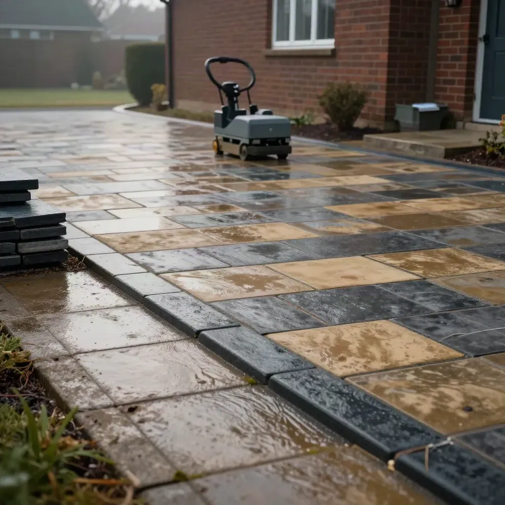 Rain-dark block-paved driveway with slabs, compactor, and brick house frontage at dawn