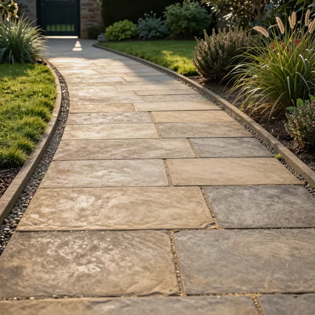 Curving sandstone garden path with gravel edges beside lawn and planting beds in warm light.