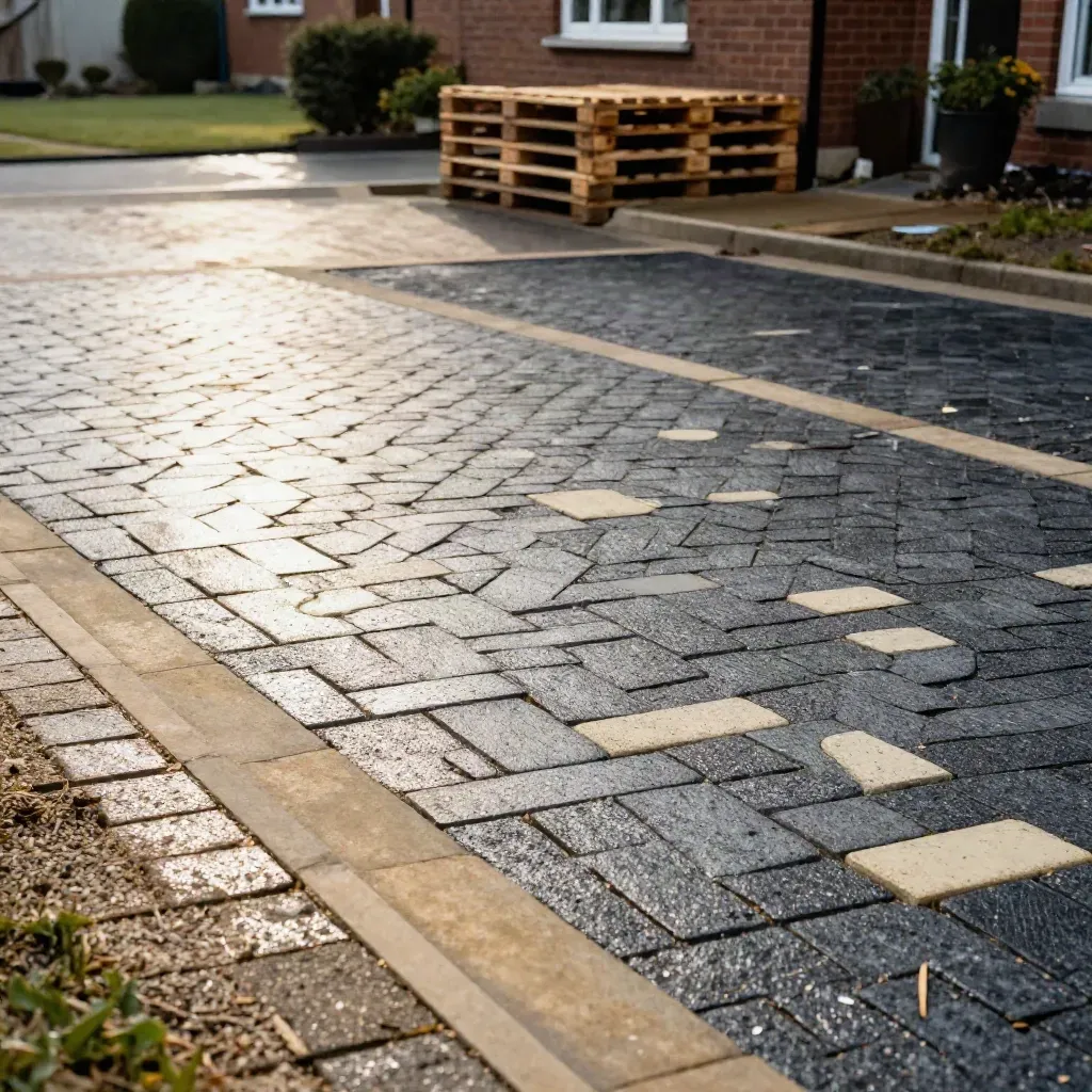Wet herringbone driveway paving with sandstone kerbs, pallets, and suburban frontage after rain