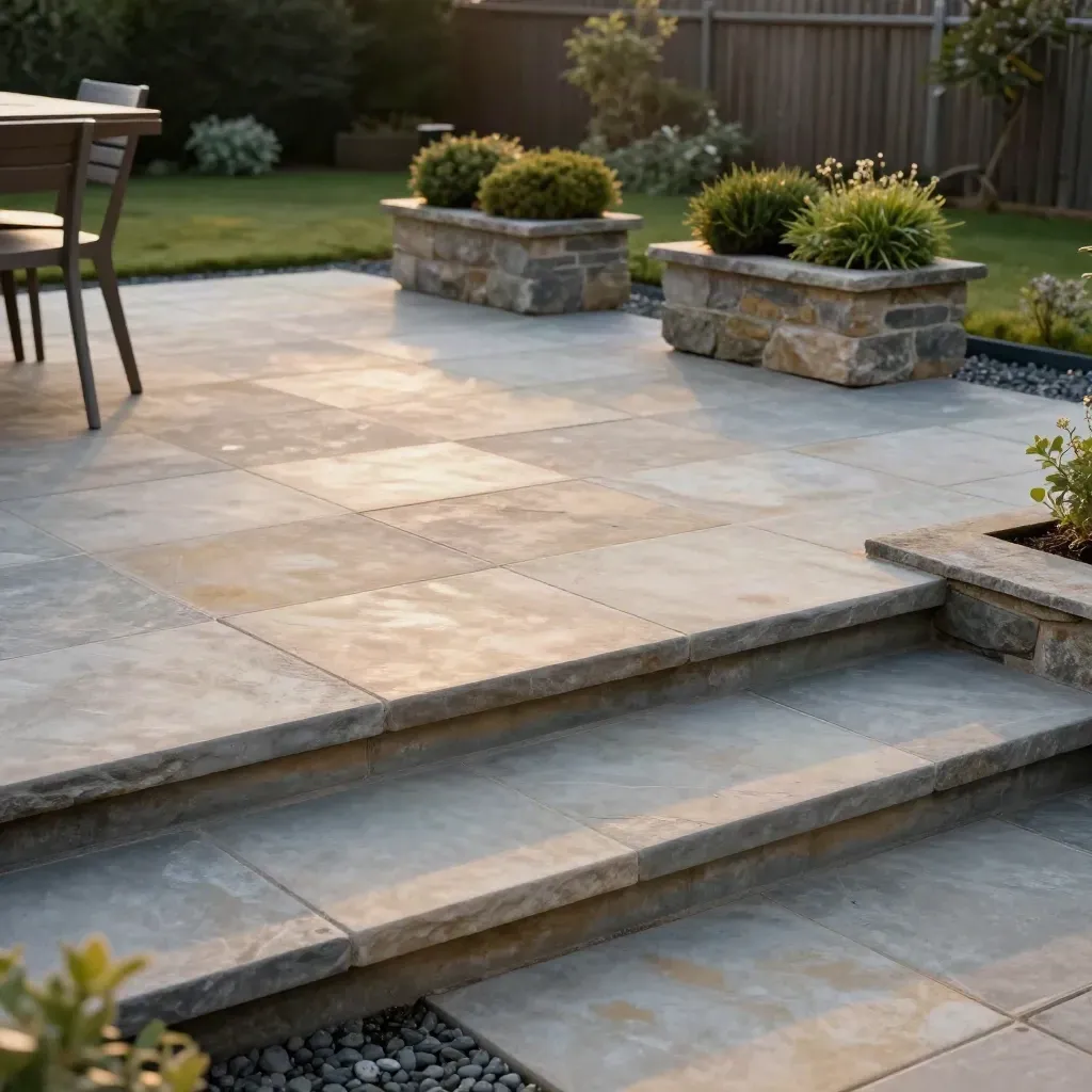 Completed sandstone patio with straight edges, stepped slabs, and two stone planters in warm evening light.