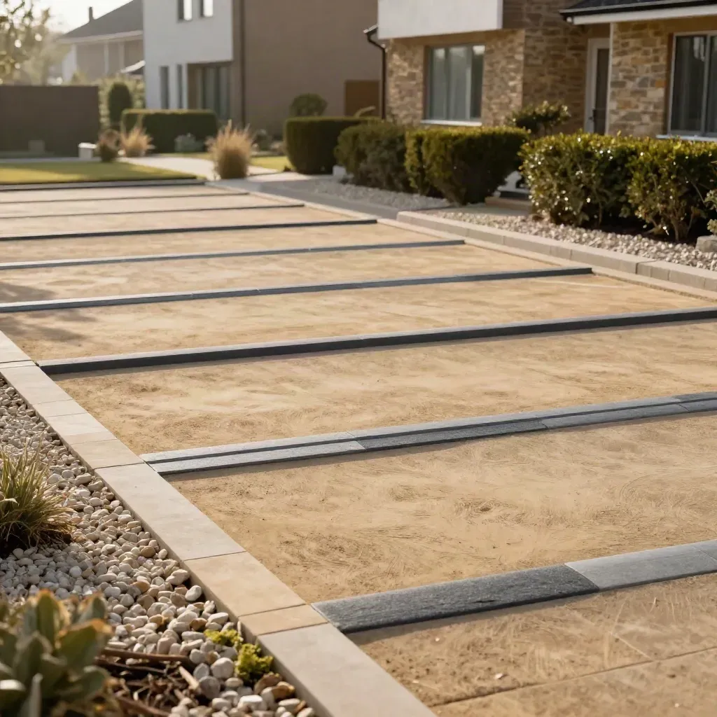 Finished shared access lane with four neat parking bays and matching paving between homes.