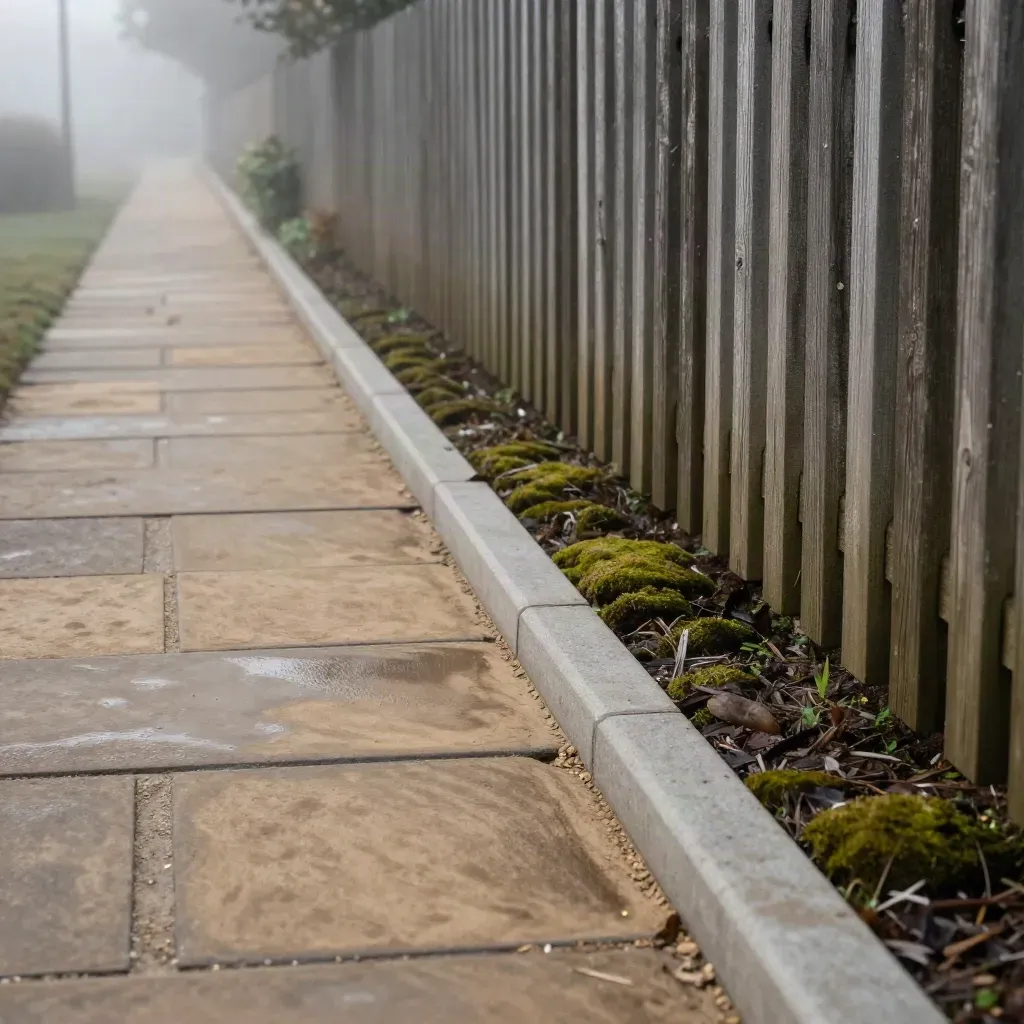 Rebuilt side path with sandstone steps beside a fence, seen low through cool dawn mist.