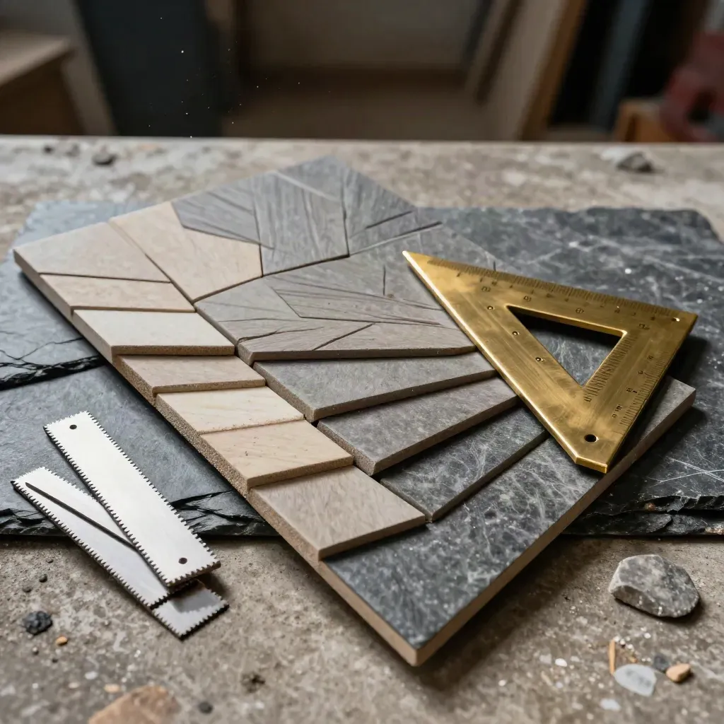 Paver sample board, brass angle square, and kerb offcuts on a slate site surface.