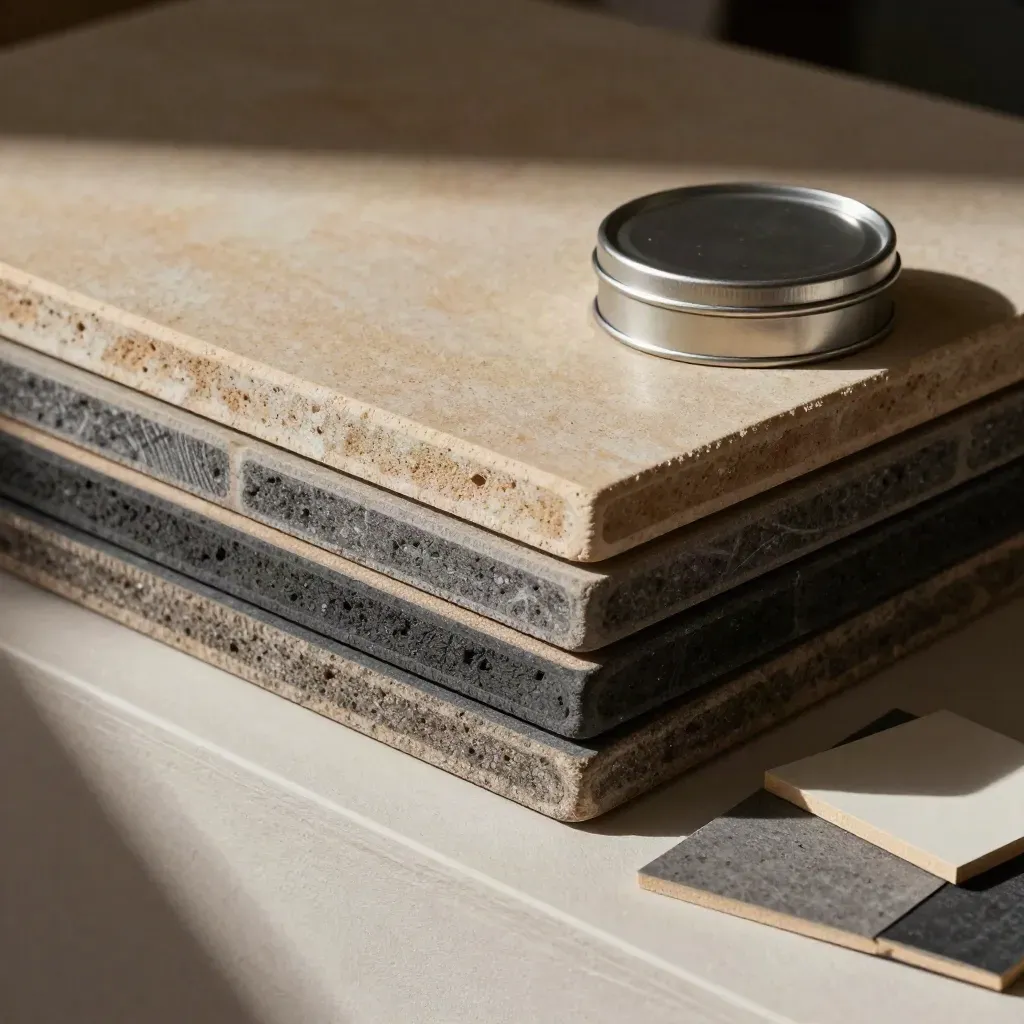 Sandstone and charcoal paving sample slabs with a finish tin on pale plaster.