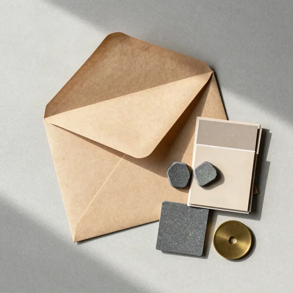 Top-down flatlay of a sealed quote envelope, stone chips, swatches and brass token on concrete.