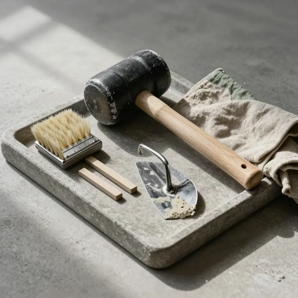 Paving tools on concrete tray: mallet, brush, spacers, dusted trowel, soft daylight.