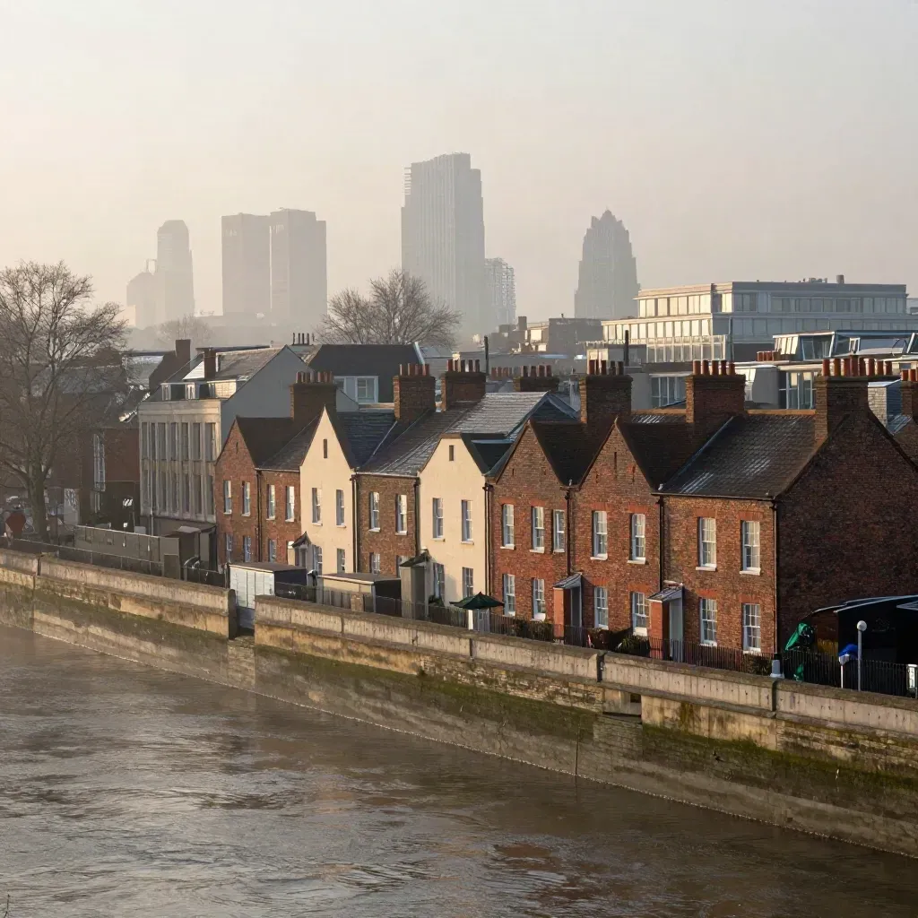Hazy dawn over Greater London rooftops and riverside stone, skyline high above mist.