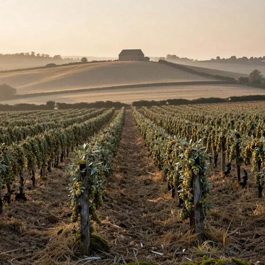 Kent hop fields with oast-house silhouette and misty Weald at sunset